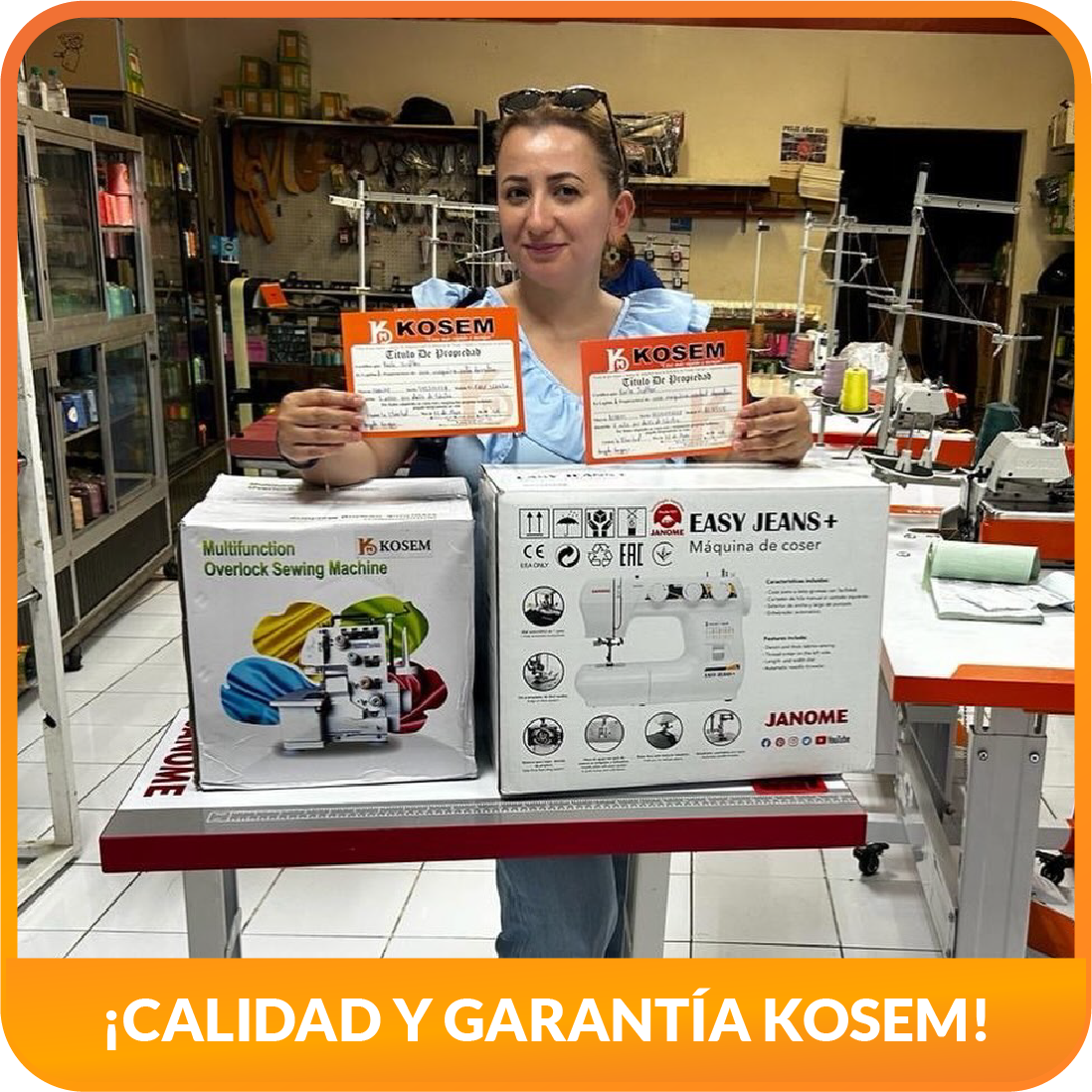 Cliente feliz con su máquina de coser Janome adquirida en KOSEM Ecuador